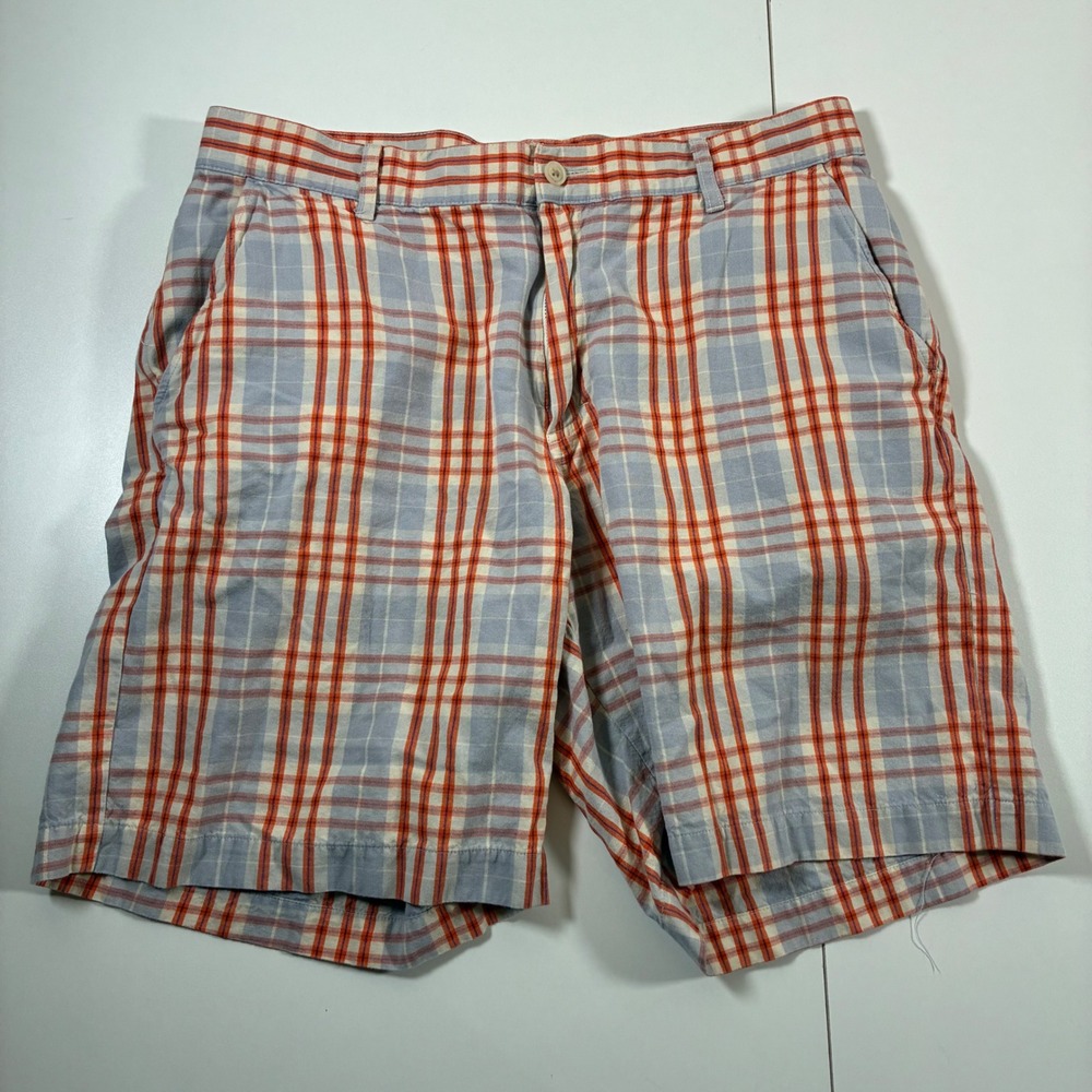 Bills Khakis Shorts 34 Orange Blue‎ Madras Plaid Flat Front Made in USA